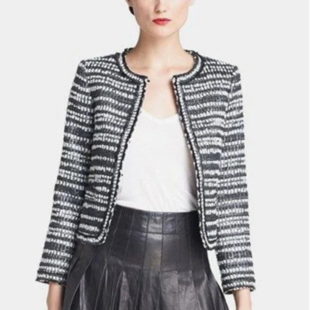 Alice + Olivia Kidman Tweed Jacket Women's Size XS Black White Metallic Fringe